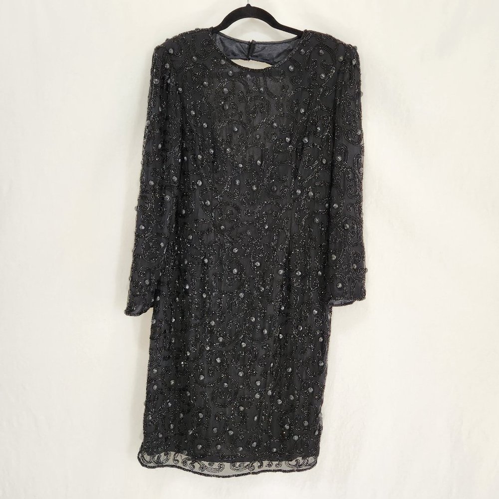 Vintage JOAN LESLIE Hollywood-Fairy-Tale Beaded Black Silk Sheath Dress Size 10.